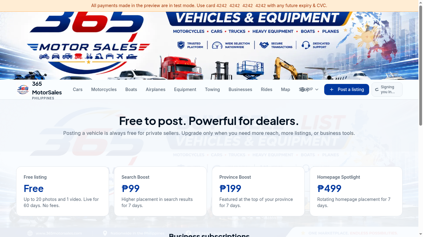 Pricing page with Search Boost, Province Boost and Homepage Spotlight tiers